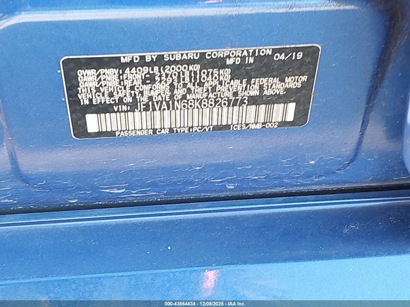 2019 Subaru Wrx Limited VIN: JF1VA1N68K8826773 Lot: 43864434