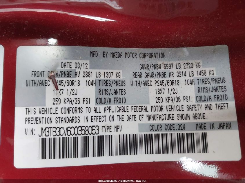 2012 Mazda Cx-9 Touring VIN: JM3TB3CV6C0358053 Lot: 43864435