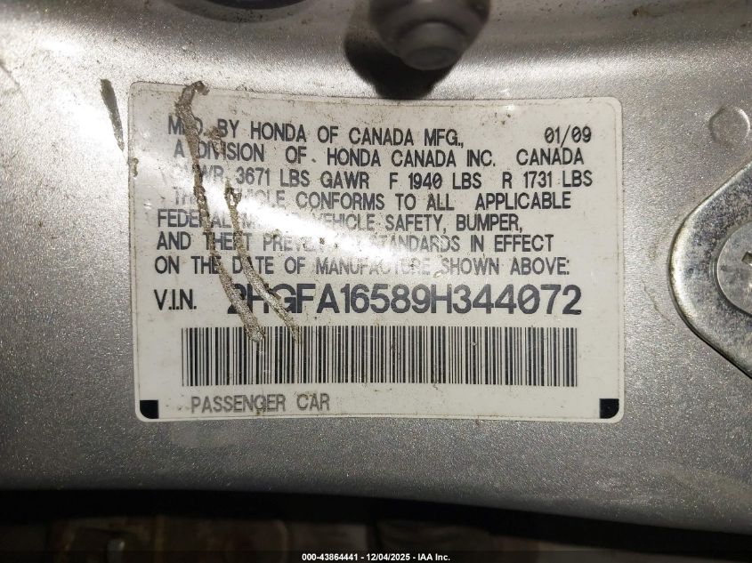 2009 Honda Civic Lx VIN: 2HGFA16589H344072 Lot: 43864441