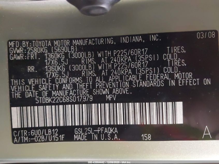 2008 Toyota Sienna Limited VIN: 5TDBK22C68S017979 Lot: 43864442