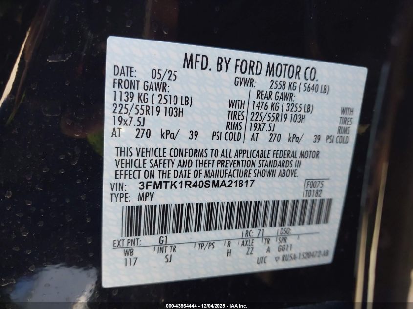 2025 Ford Mustang Mach-E Select VIN: 3FMTK1R40SMA21817 Lot: 43864444