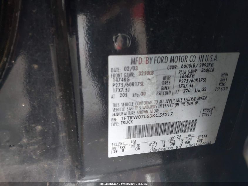 2003 Ford F-150 Lariat/Xlt VIN: 1FTRW07L63KC55217 Lot: 43864447