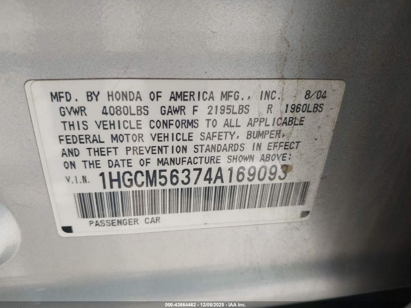 2004 Honda Accord 2.4 Lx VIN: 1HGCM56374A169093 Lot: 43864462