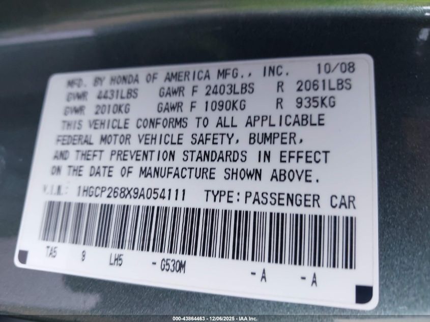 2009 Honda Accord 2.4 Ex-L VIN: 1HGCP268X9A054111 Lot: 43864463