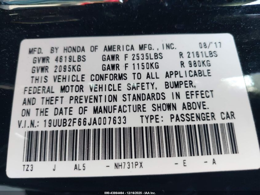 2018 Acura Tlx Tech A-Spec Pkgs VIN: 19UUB2F66JA007633 Lot: 43864464
