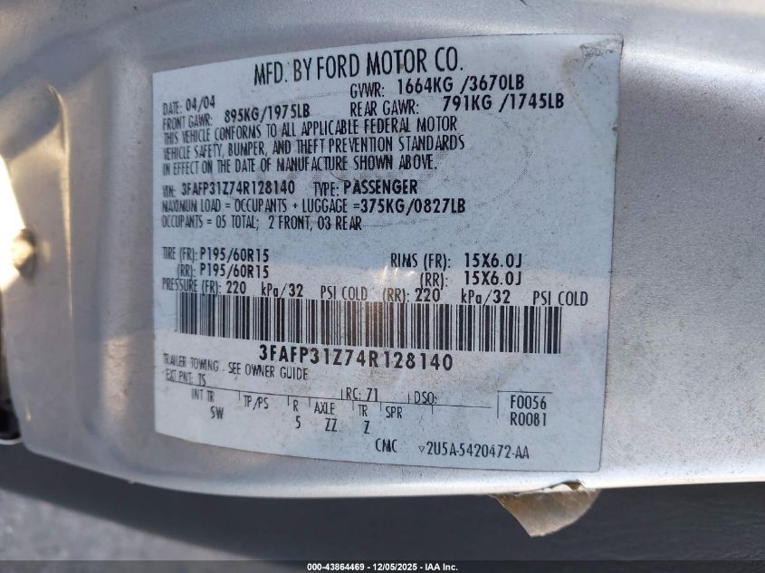 2004 Ford Focus Zx3 VIN: 3FAFP31Z74R128140 Lot: 43864469