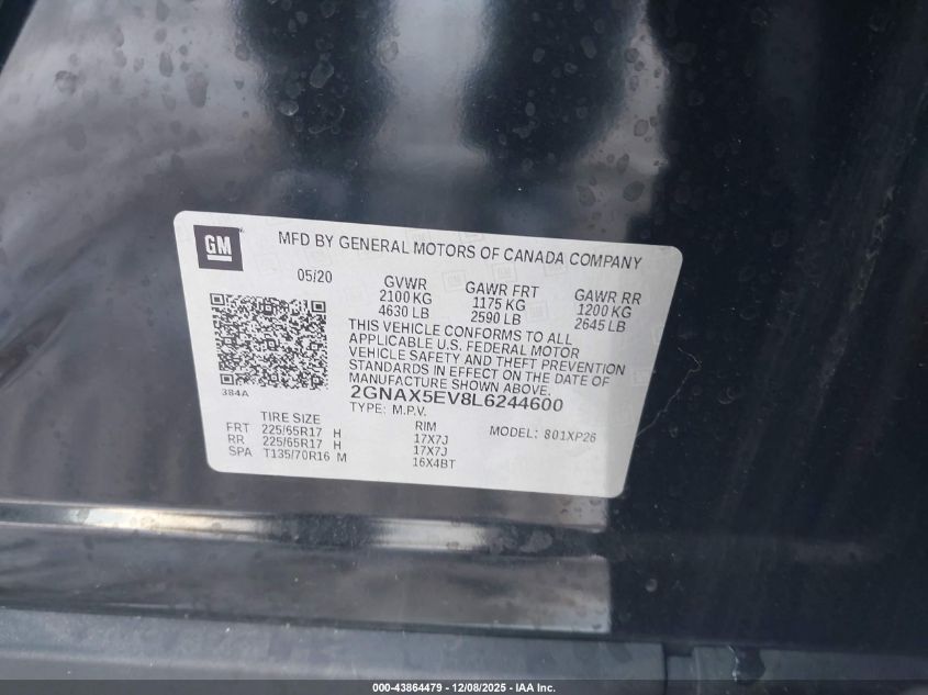 2020 Chevrolet Equinox Awd 1Fl VIN: 2GNAX5EV8L6244600 Lot: 43864479