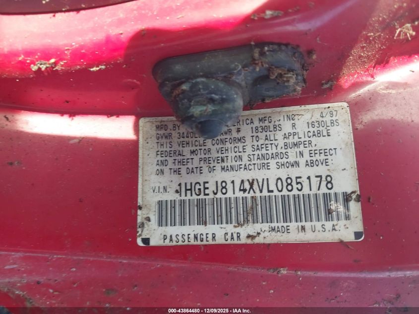 1997 Honda Civic Ex VIN: 1HGEJ814XVL085178 Lot: 43864480