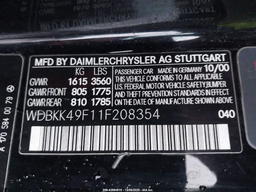 2001 Mercedes-Benz Slk 230 Kompressor VIN: WDBKK49F11F208354 Lot: 43864510