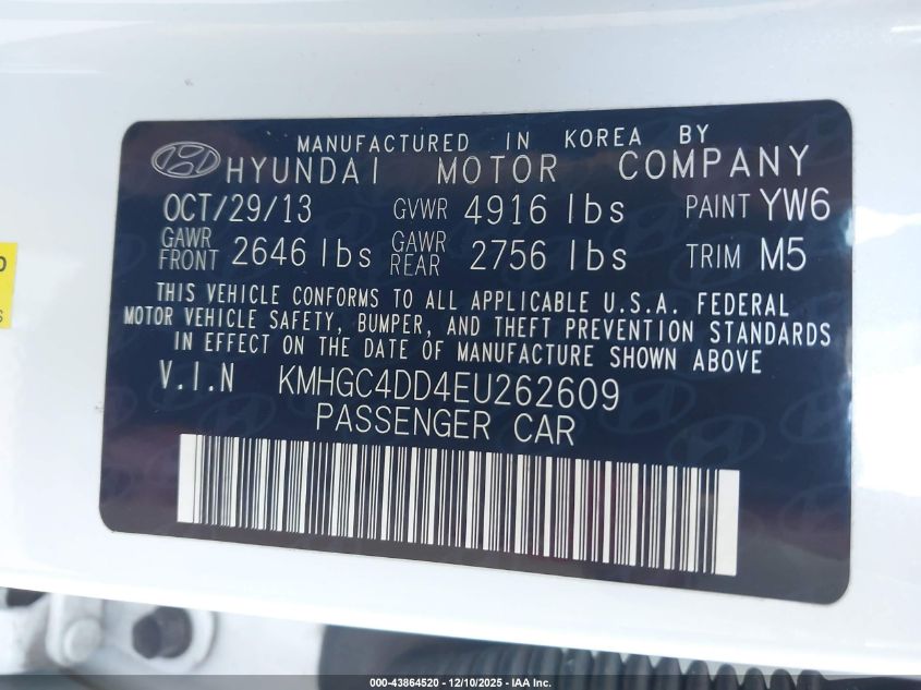 2014 Hyundai Genesis 3.8 VIN: KMHGC4DD4EU262609 Lot: 43864520