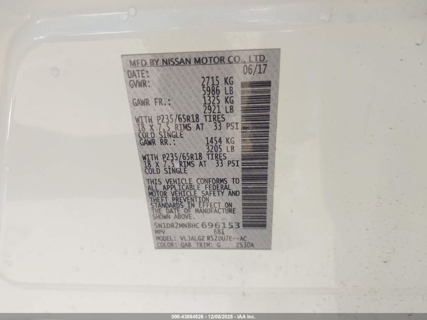 2017 Nissan Pathfinder Sl VIN: 5N1DR2MN8HC696153 Lot: 43864526