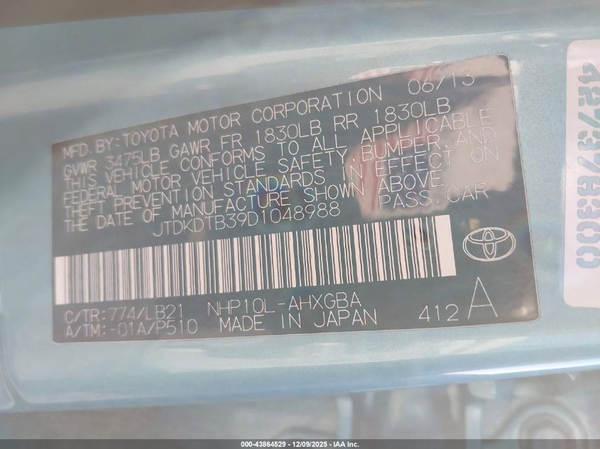 2013 Toyota Prius C Four VIN: JTDKDTB39D1048988 Lot: 43864529