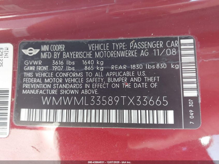2009 Mini Cooper Clubman VIN: WMWML33589TX33665 Lot: 43864531