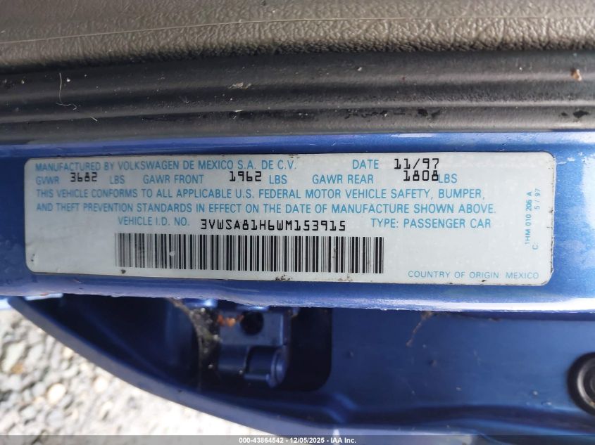 1998 Volkswagen Jetta Gls VIN: 3VWSA81H6WM153915 Lot: 43864542