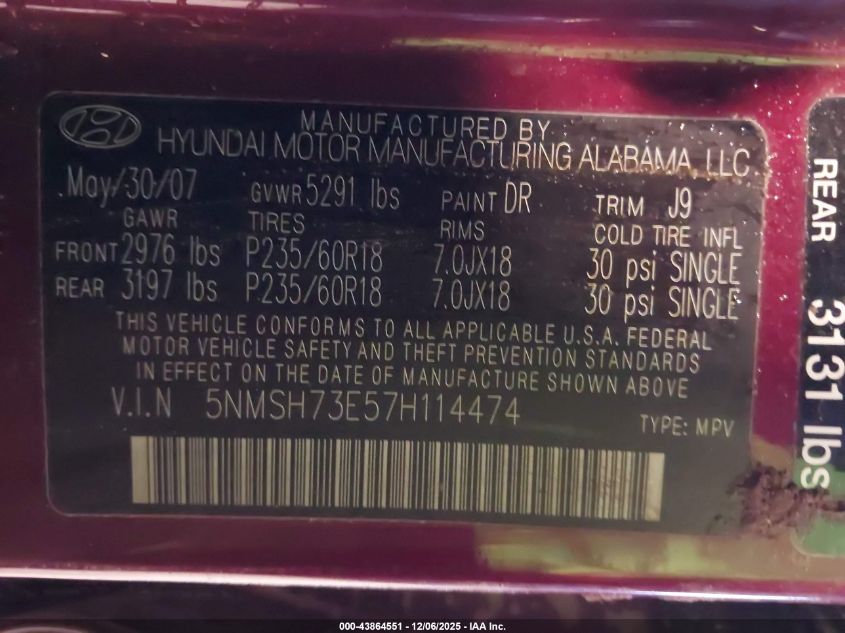 2007 Hyundai Santa Fe Limited/Se VIN: 5NMSH73E57H114474 Lot: 43864551