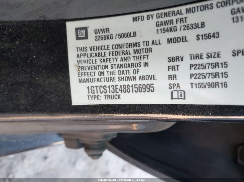 2008 GMC Canyon Sle2 VIN: 1GTCS13E488156995 Lot: 43864561