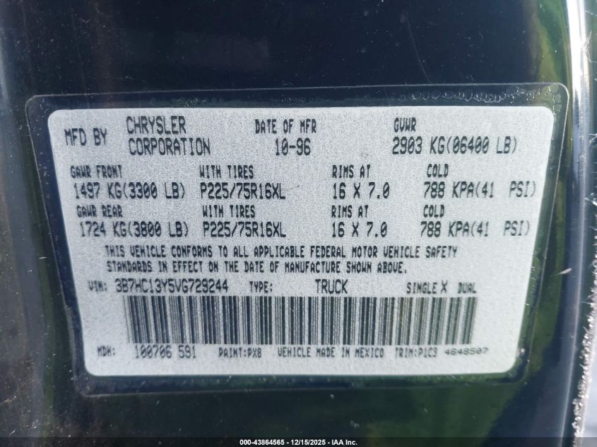 1997 Dodge Ram 1500 St VIN: 3B7HC13Y5VG729244 Lot: 43864565