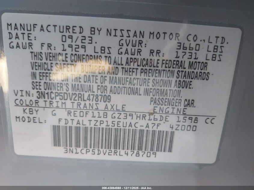 2024 Nissan Kicks Sr Xtronic Cvt VIN: 3N1CP5DV2RL478709 Lot: 43864568