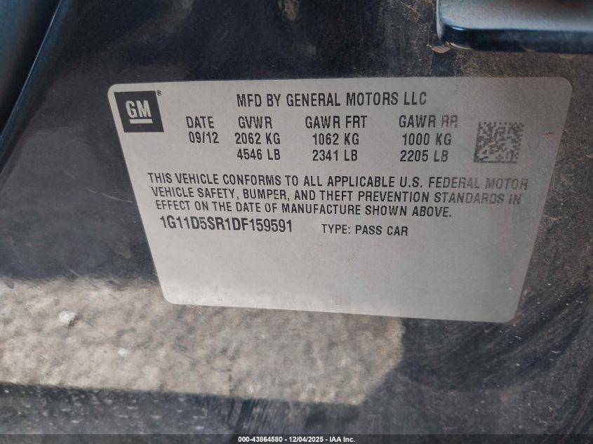 2013 Chevrolet Malibu Eco VIN: 1G11D5SR1DF159591 Lot: 43864580