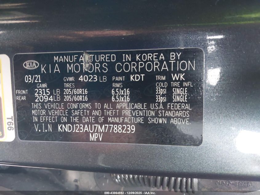 2021 Kia Soul Lx VIN: KNDJ23AU7M7788239 Lot: 43864592