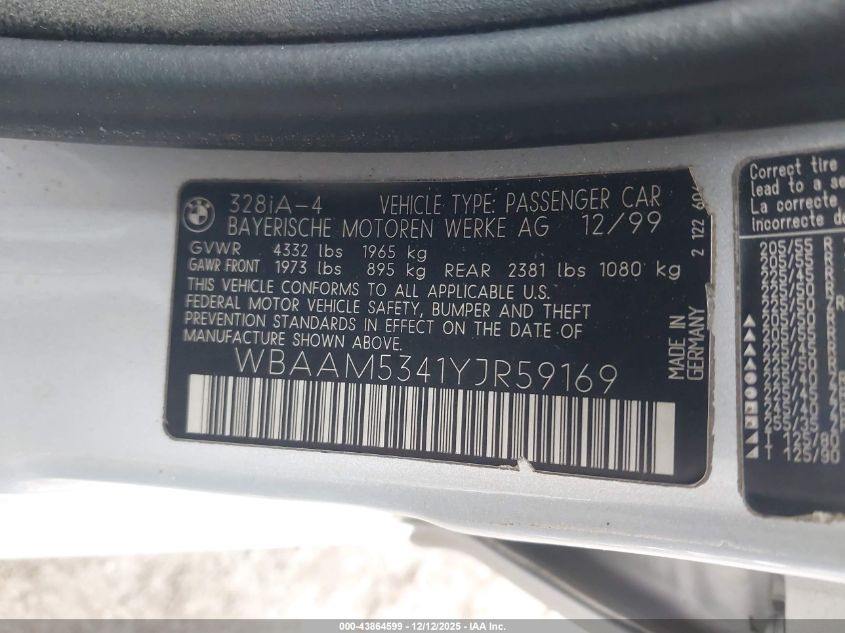 2000 BMW 328I VIN: WBAAM5341YJR59169 Lot: 43864599