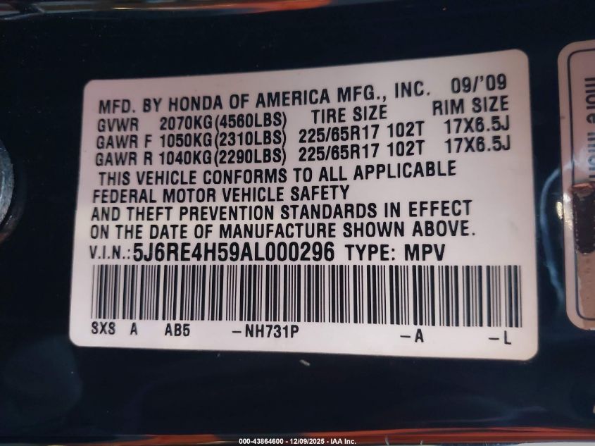 2010 Honda Cr-V Ex VIN: 5J6RE4H59AL000296 Lot: 43864600