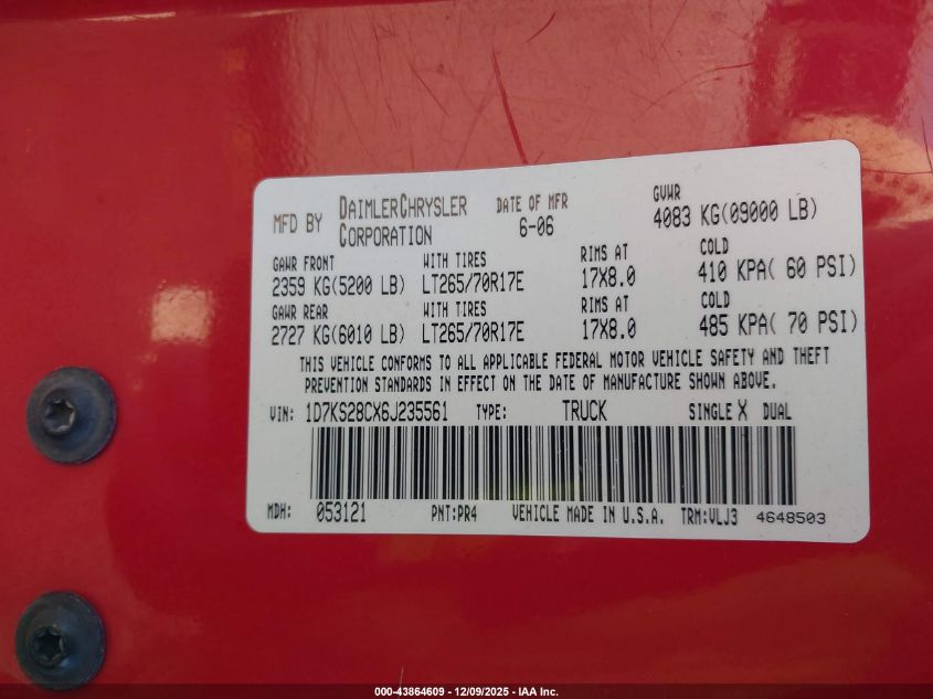 2006 Dodge Ram 2500 Laramie VIN: 1D7KS28CX6J235561 Lot: 43864609
