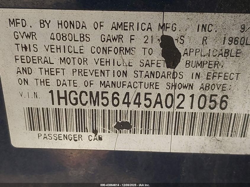 2005 Honda Accord 2.4 Lx VIN: 1HGCM56445A021056 Lot: 43864614