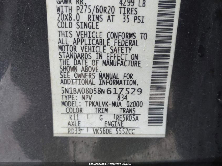 2008 Nissan Armada Le VIN: 5N1BA08D58N617529 Lot: 43864625
