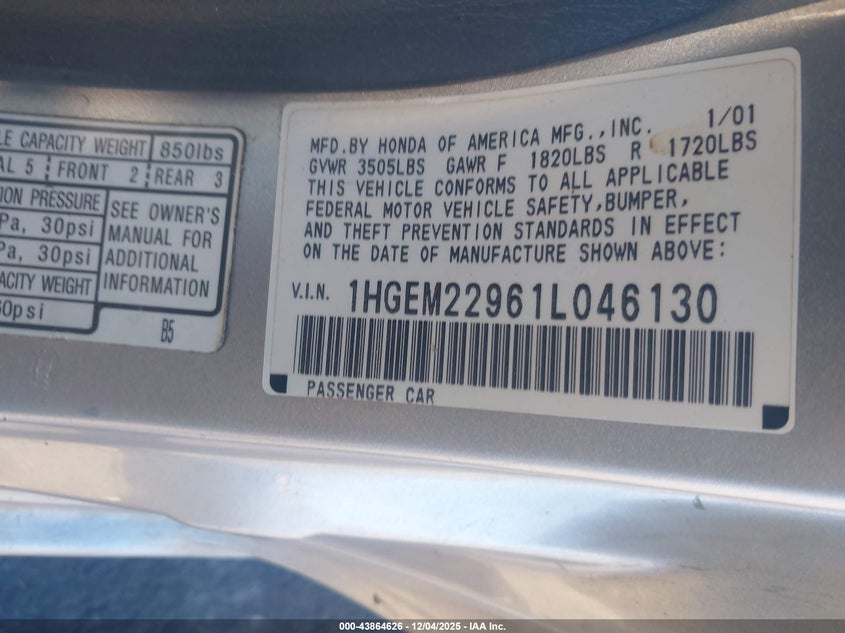 1HGEM22961L046130 2001 HONDA CIVIC photo no. 8