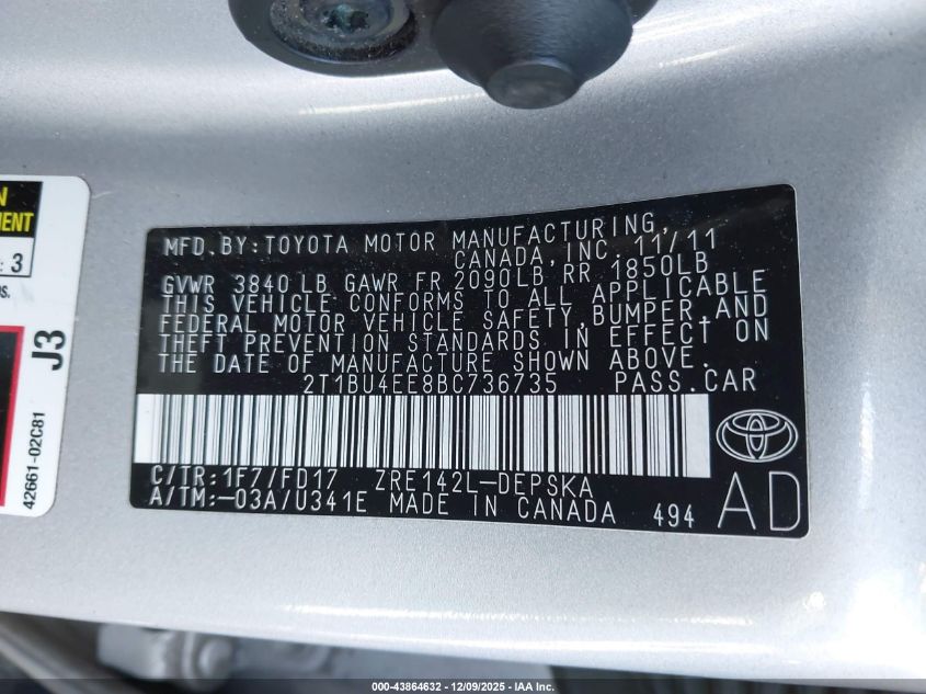 2011 Toyota Corolla S VIN: 2T1BU4EE8BC736735 Lot: 43864632