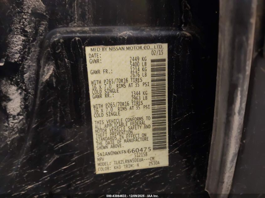 2015 Nissan Xterra S VIN: 5N1AN0NWXFN660475 Lot: 43864633