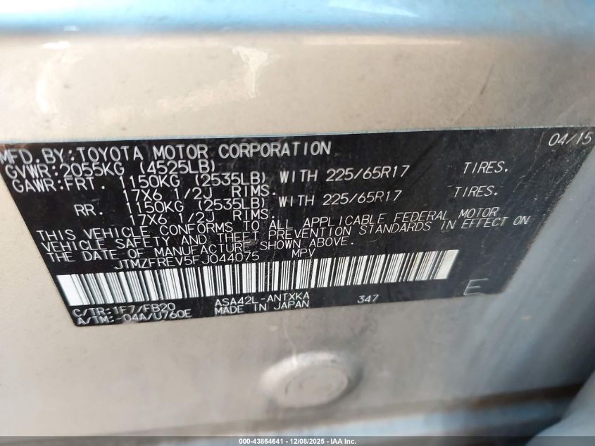 2015 Toyota Rav4 Le VIN: JTMZFREV5FJ044075 Lot: 43864641