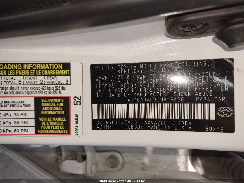 2020 Toyota Camry Se VIN: 4T1G11AK9LU916430 Lot: 43864646