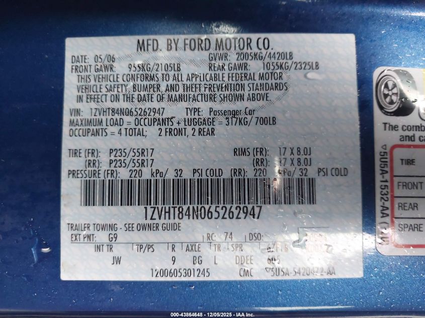 2006 Ford Mustang V6 VIN: 1ZVHT84N065262947 Lot: 43864648