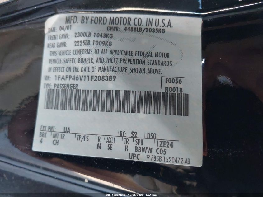 2001 Ford Mustang Cobra VIN: 1FAFP46V11F208389 Lot: 43864649