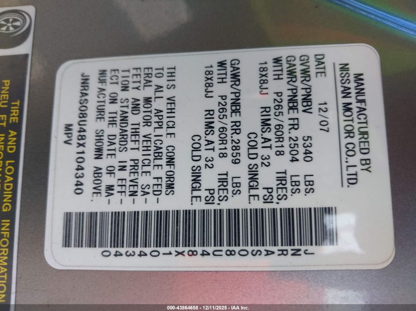 2008 Infiniti Fx35 VIN: JNRAS08U48X104340 Lot: 43864658