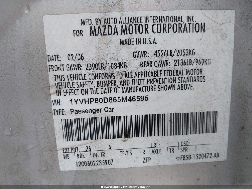 2006 Mazda Mazda6 S VIN: 1YVHP80D865M46595 Lot: 43864660