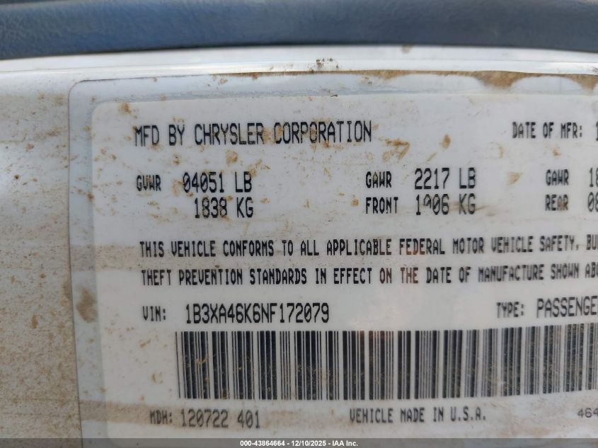 1992 Dodge Spirit VIN: 1B3XA46K6NF172079 Lot: 43864664