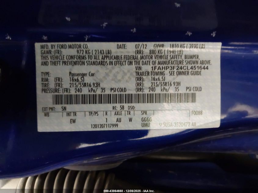 2012 Ford Focus Se VIN: 1FAHP3F24CL451644 Lot: 43864668