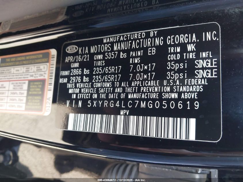 2021 Kia Sorento Lx VIN: 5XYRG4LC7MG050619 Lot: 43864672