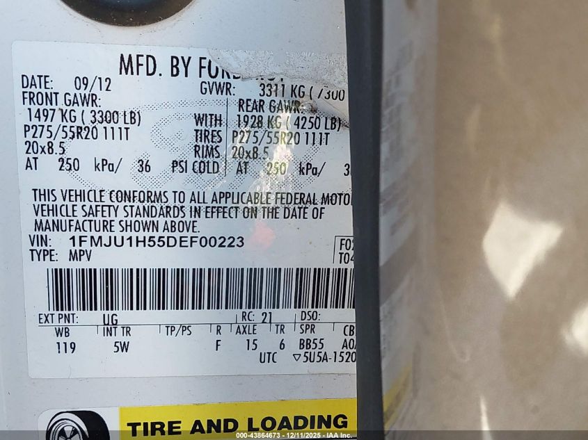 2013 Ford Expedition King Ranch VIN: 1FMJU1H55DEF00223 Lot: 43864673