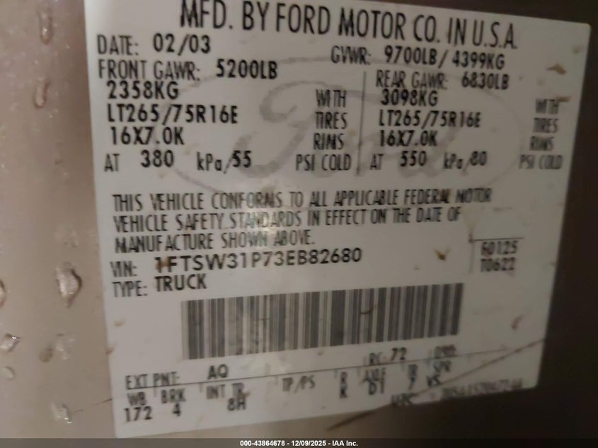 1FTSW31P73EB82680 2003 FORD F350 photo no. 9