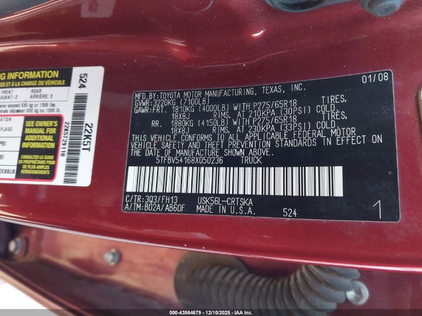 2008 Toyota Tundra Base 5.7L V8 VIN: 5TFBV54168X050236 Lot: 43864679