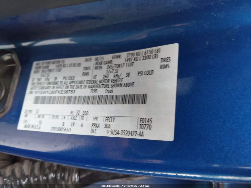 2015 Ford F-150 Xl VIN: 1FTEW1C80FKE38753 Lot: 43864683