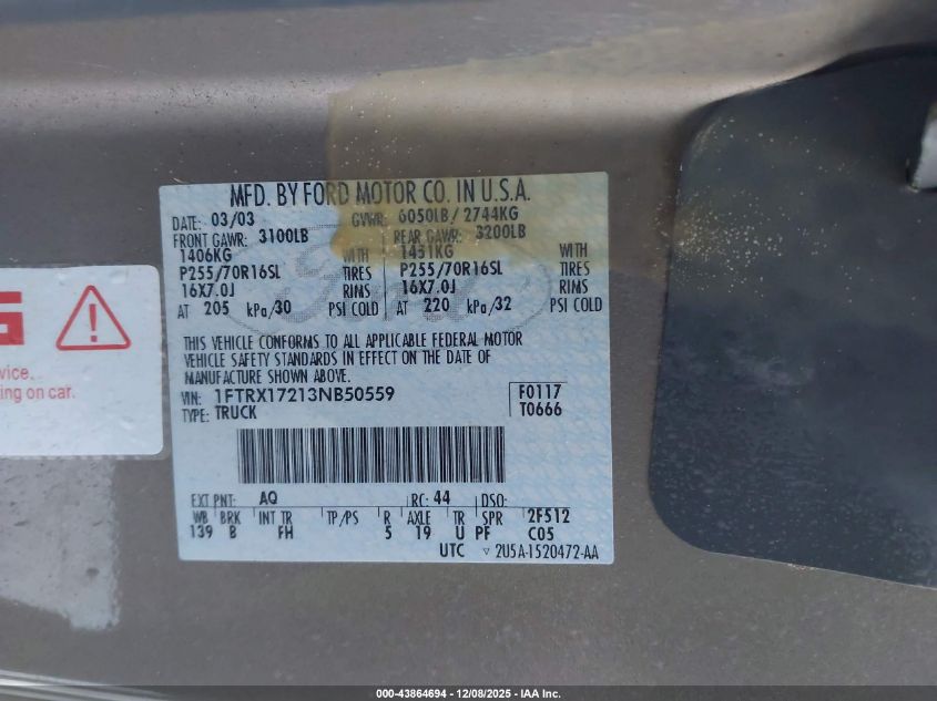 2003 Ford F-150 Xl/Xlt VIN: 1FTRX17213NB50559 Lot: 43864694