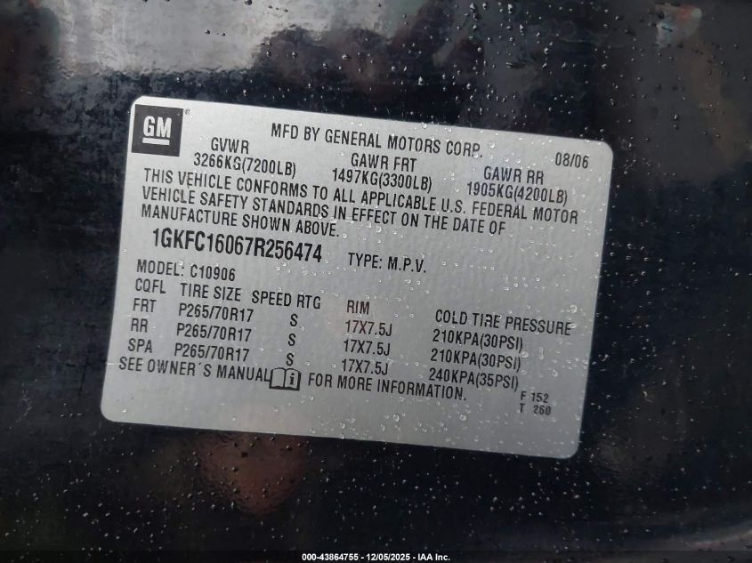2007 GMC Yukon Xl 1500 Slt VIN: 1GKFC16067R256474 Lot: 43864755