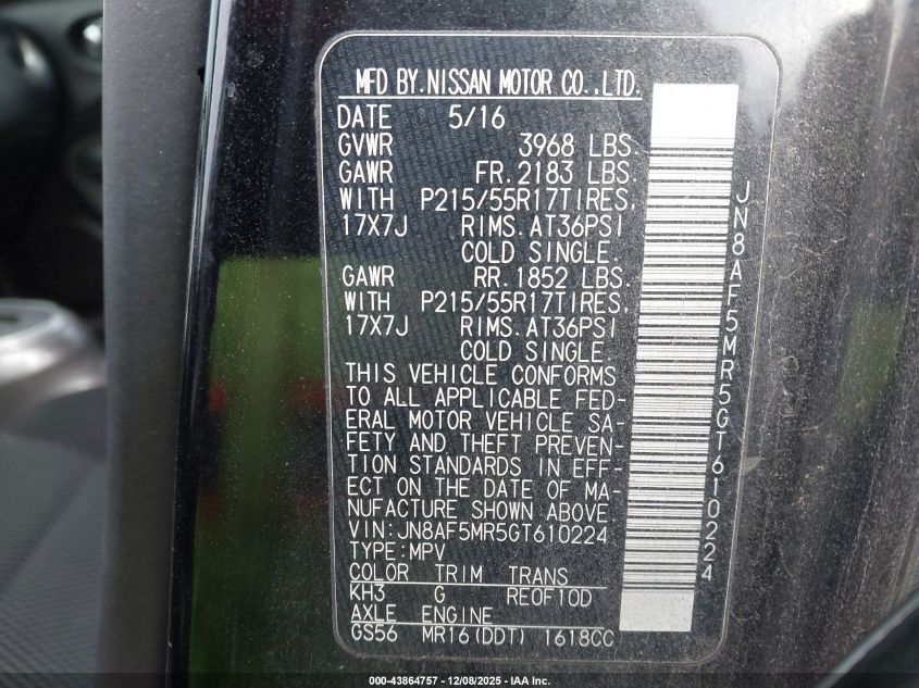 2016 Nissan Juke Nismo/S/Sl/Sv VIN: JN8AF5MR5GT610224 Lot: 43864757