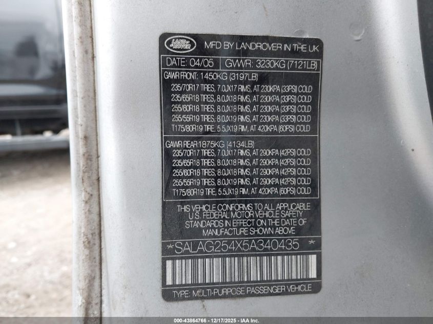 2005 Land Rover Lr3 Hse VIN: SALAG254X5A340435 Lot: 43864766