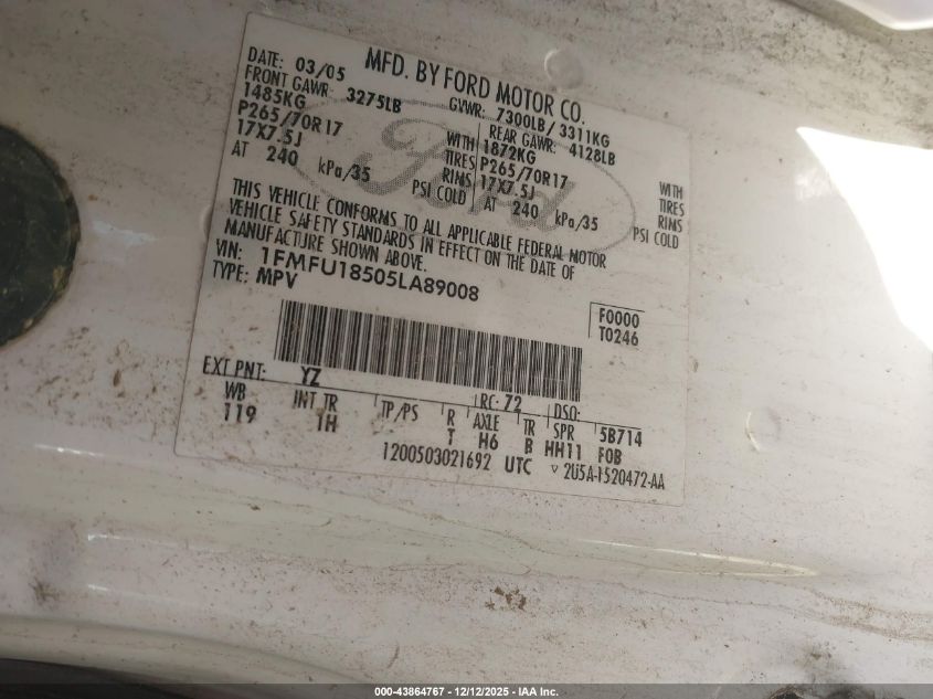 2005 Ford Expedition Eddie Bauer/King Ranch VIN: 1FMFU18505LA89008 Lot: 43864767